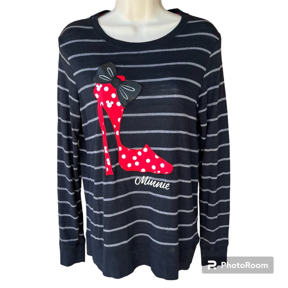 Disney Parks Minnie Mouse Striped Sweater High Heel Bow Black Red Polka Dot M